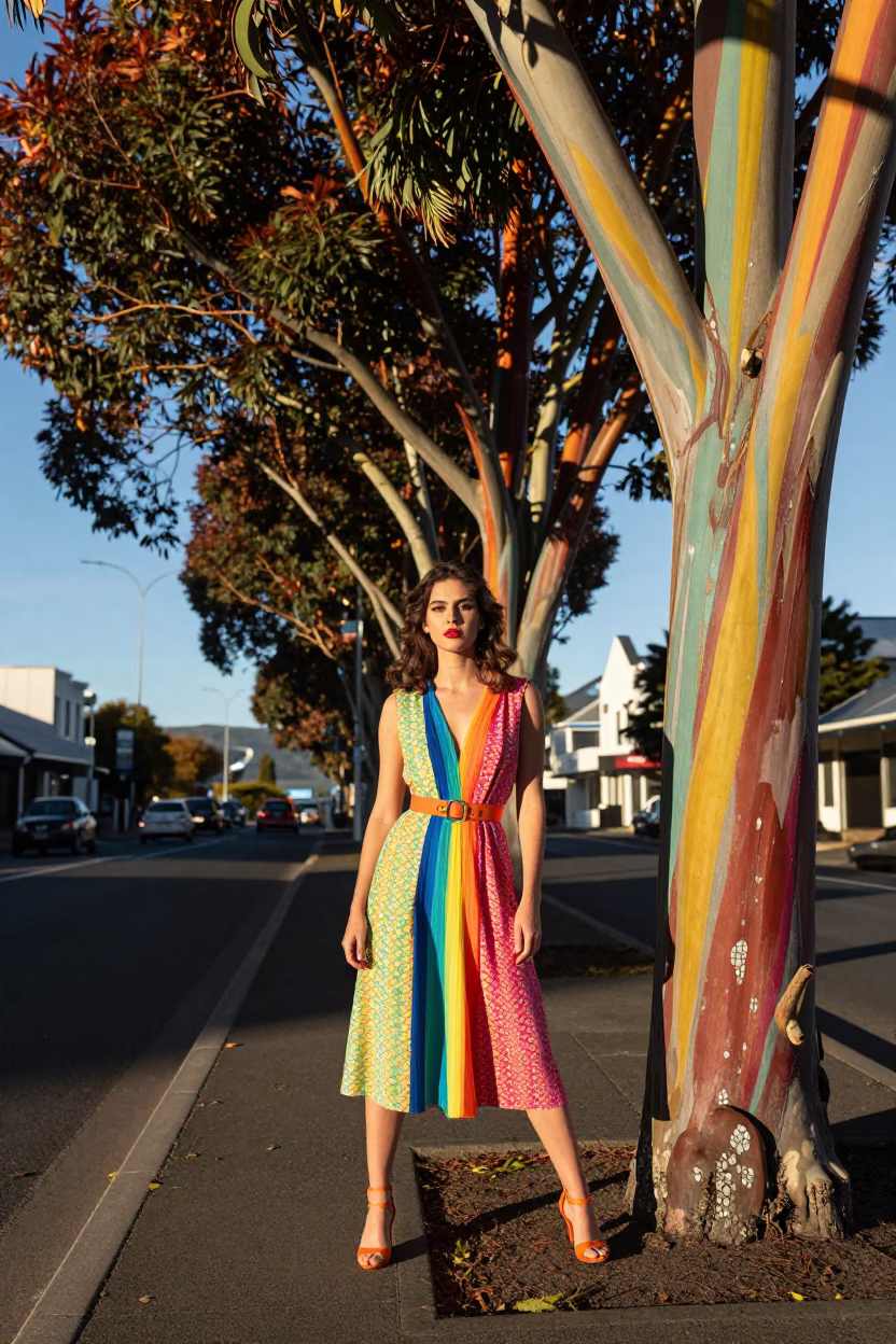High Fashion Model in 1950s Christchurch Wearing Vibrant Rainbow Eucalyptus Patterned Coat in in Christchurch, New Zealand