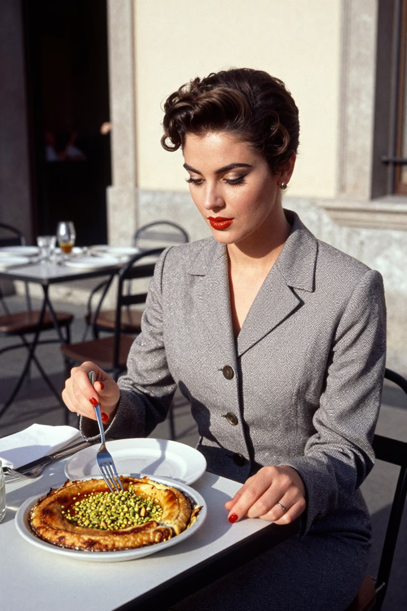 High Fashion Model in 1950s Palermo Dining Kebab with Pistachio Knafeh in in Palermo, Italy