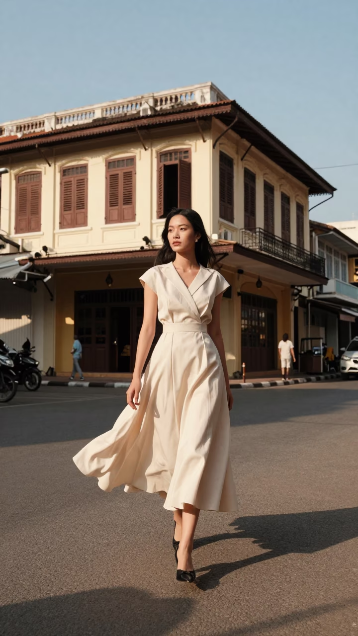 High Fashion Model in 1950s Phnom Penh Street Scene with Harmonica Player in in Phnom Penh, Cambodia