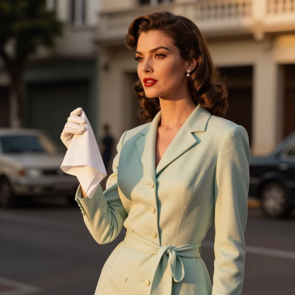 High Fashion Model in 1950s Salvador Brazil Evening Street Style with Cable Car View in in Salvador, Brazil