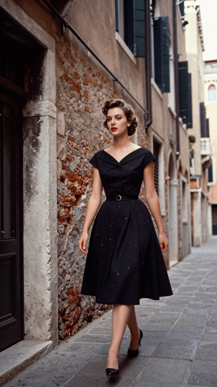 High Fashion Model in 1950s Venice Strolling Past Traditional Towel Hook in in Venice, Italy
