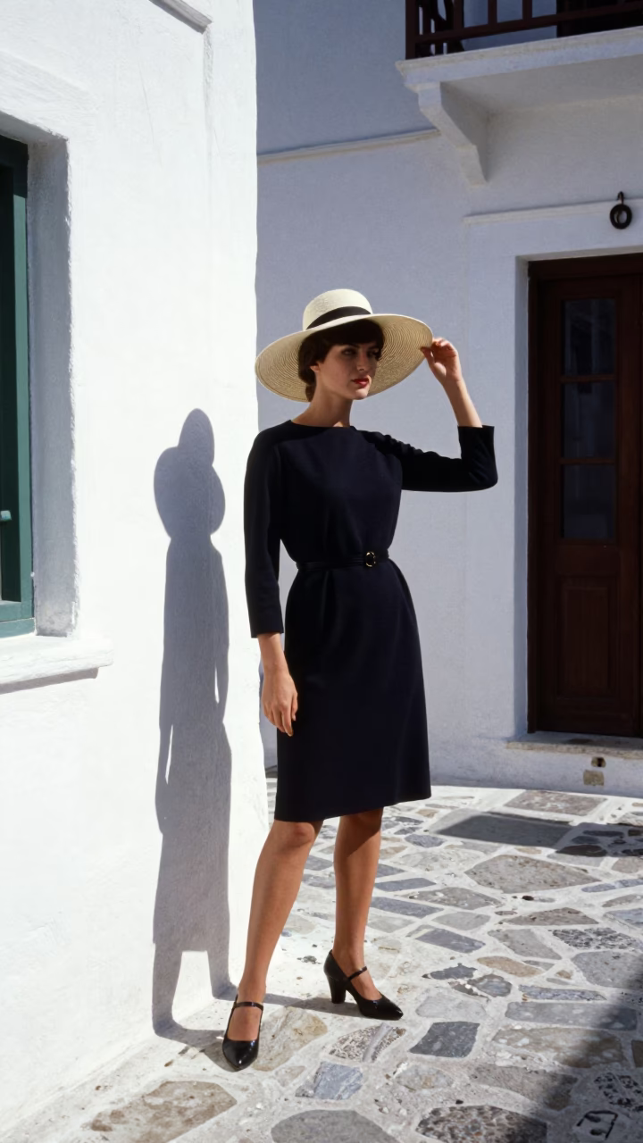 High Fashion Model in 1960s Athens Wearing Sun Hat Amidst Bright Midmorning Street Scene in in Athens, Greece