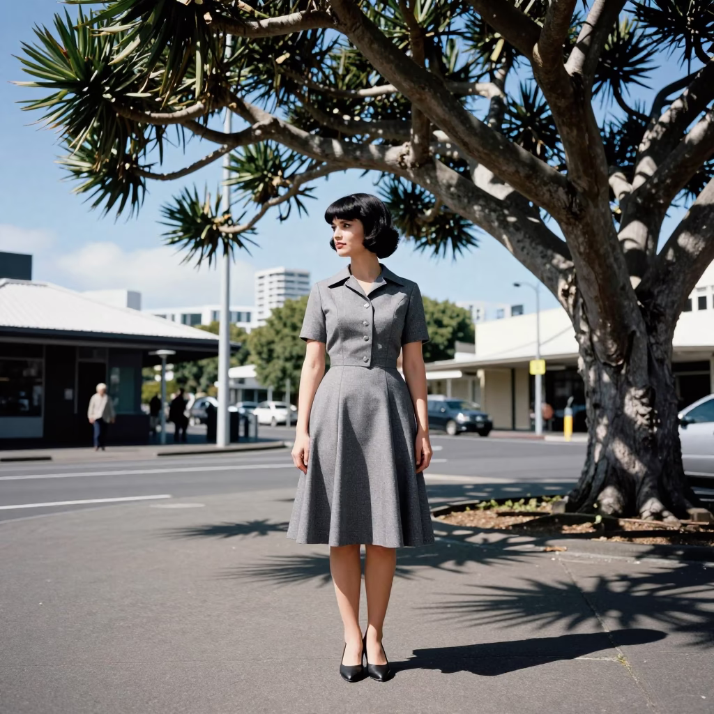 High Fashion Model in 1960s Auckland New Zealand Street Scene with Monkey Puzzle Tree in in Auckland, New Zealand