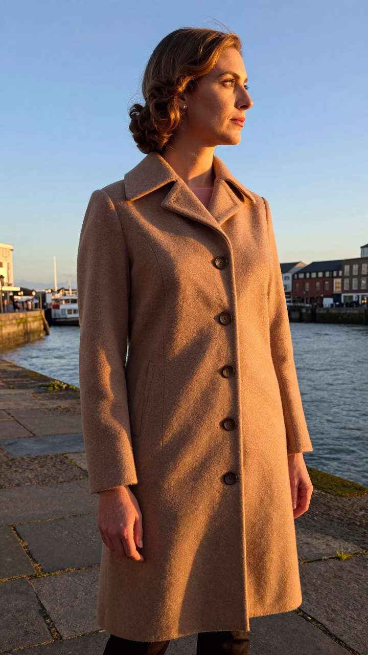 High Fashion Model in 1960s Bristol Evening Light Near Harbour in in Bristol, United Kingdom