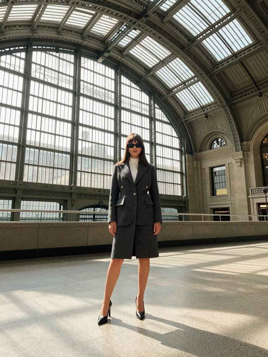 High Fashion Model in 1960s Chicago at Glass Steel Train Station Arched Roof in in Chicago, Illinois, United States