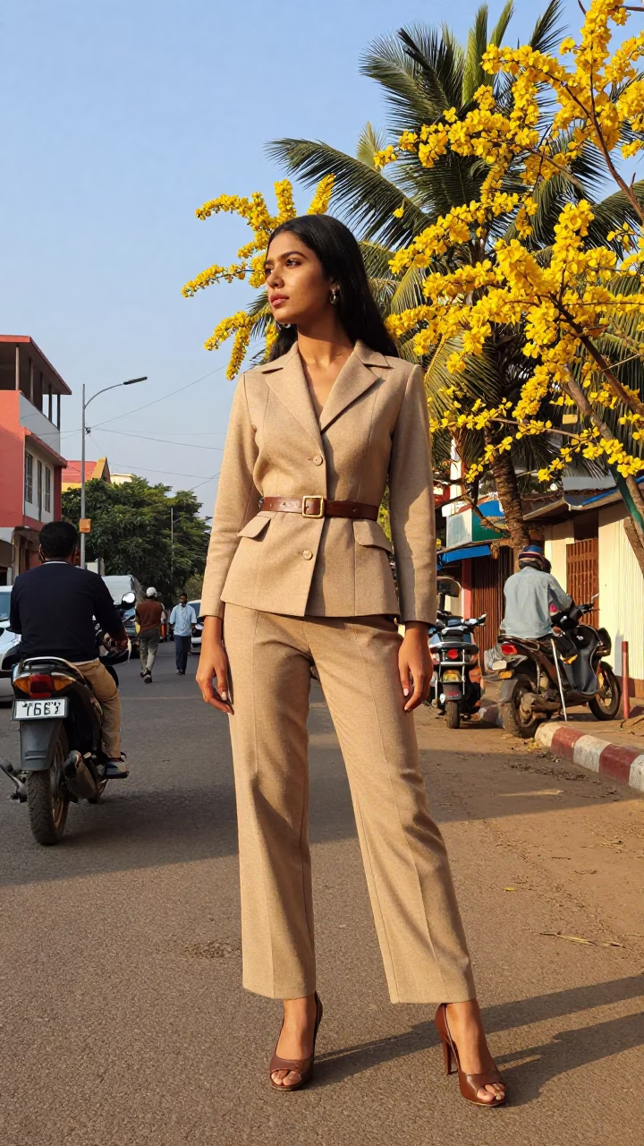 High Fashion Model in 1960s Kochi Street Scene with Heliconia and Mangoes in in Kochi, India