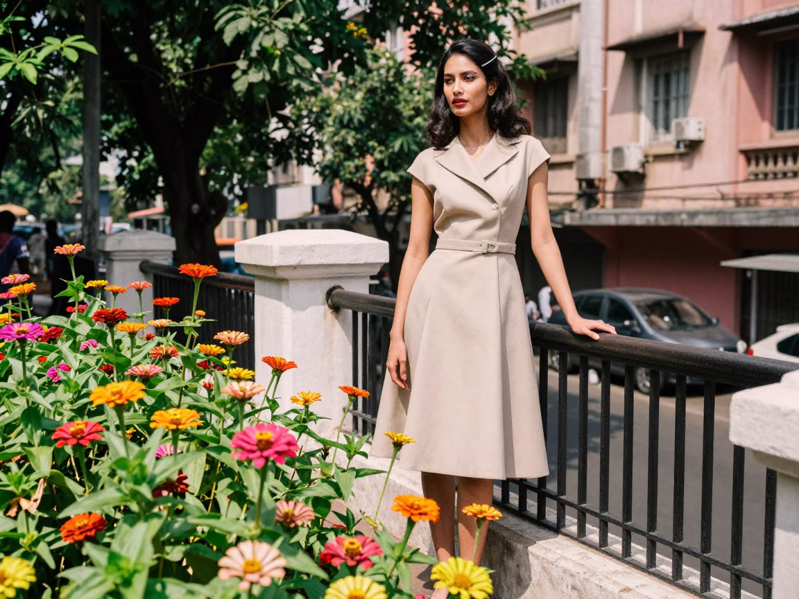 High Fashion Model in 1960s Kolkata Street with Zinnias and Rusty Sill in in Kolkata, India