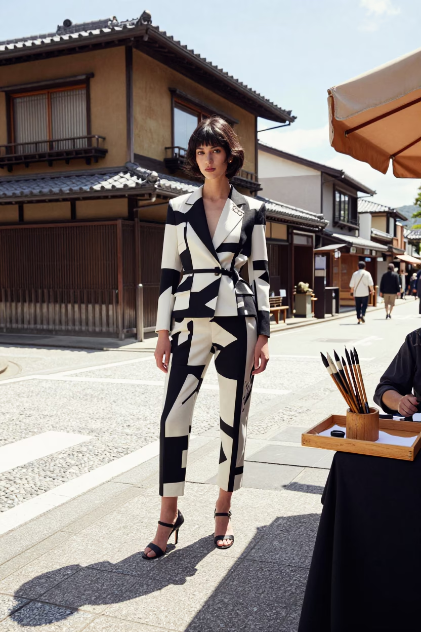 High Fashion Model in 1960s Kyoto Street with Calligraphy Brushes and Teacups in in Kyoto, Japan