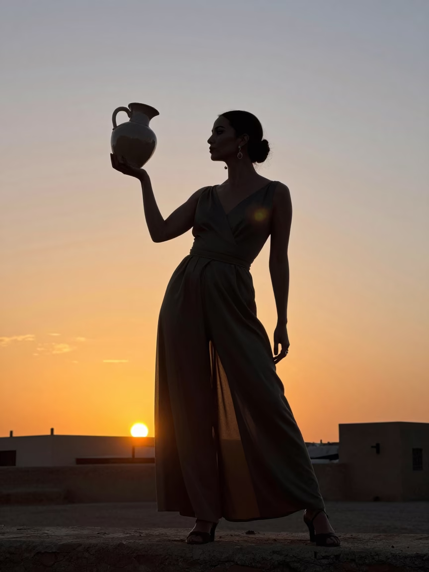 High Fashion Model in 1960s Marrakech Sunset with Ceramic Pitcher and Linen Fringe Details in in Marrakech, Morocco