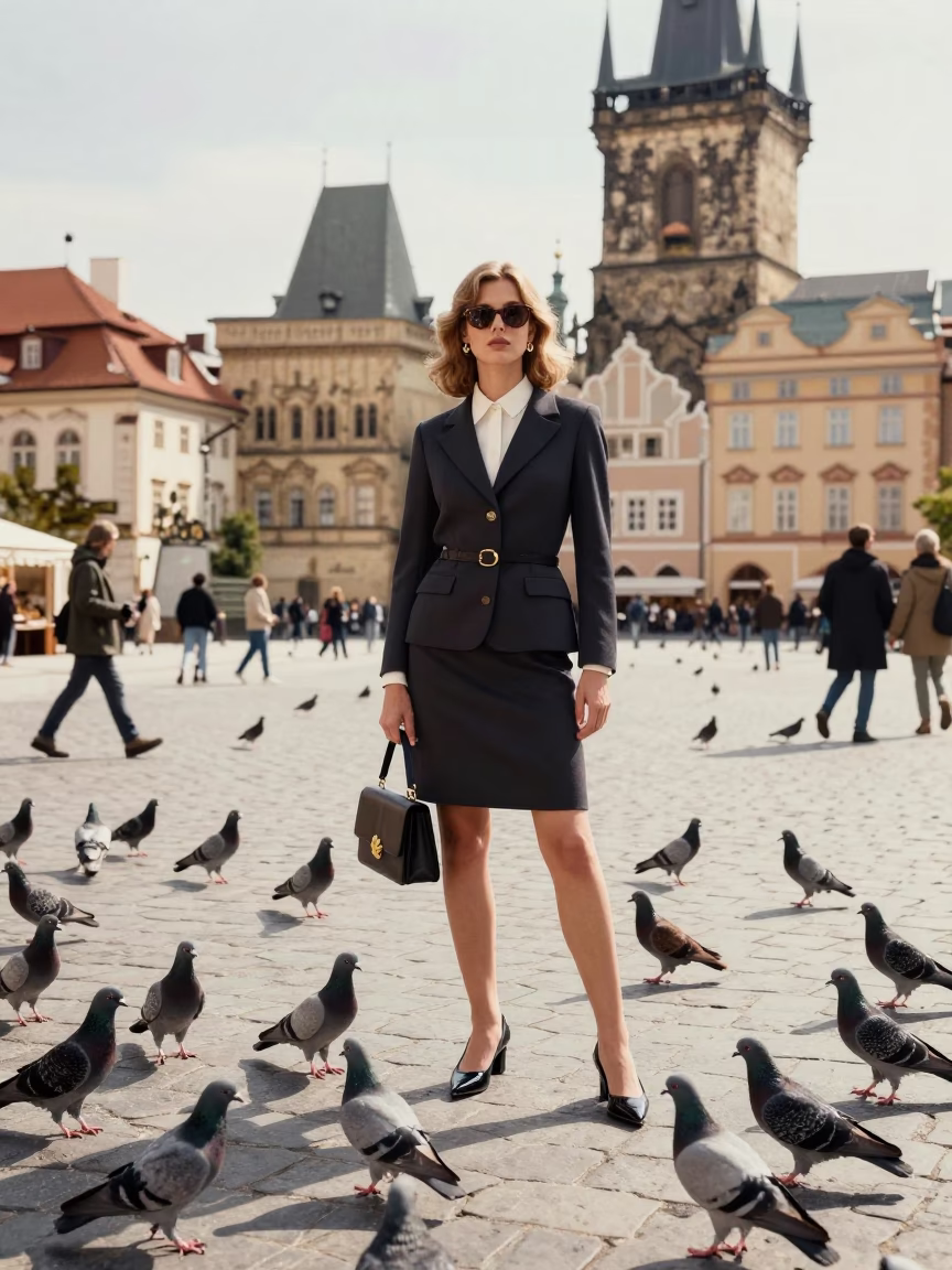 High Fashion Model in 1960s Prague Street with Pigeons and Iris Blossoms in in Prague, Czech Republic