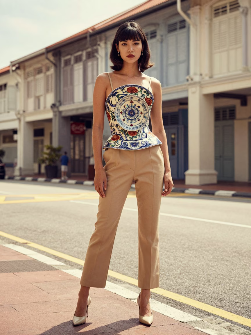 High Fashion Model in 1960s Singapore Street Wearing Vintage Majolica Plate in in Singapore, Singapore