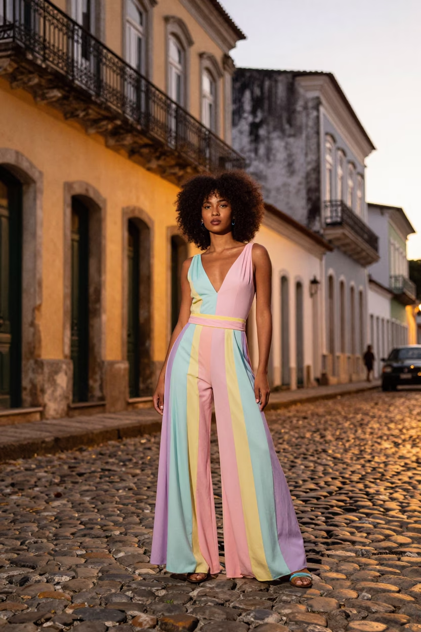 High Fashion Model in 1970s Salvador Brazil Evening Street Scene in in Salvador, Brazil