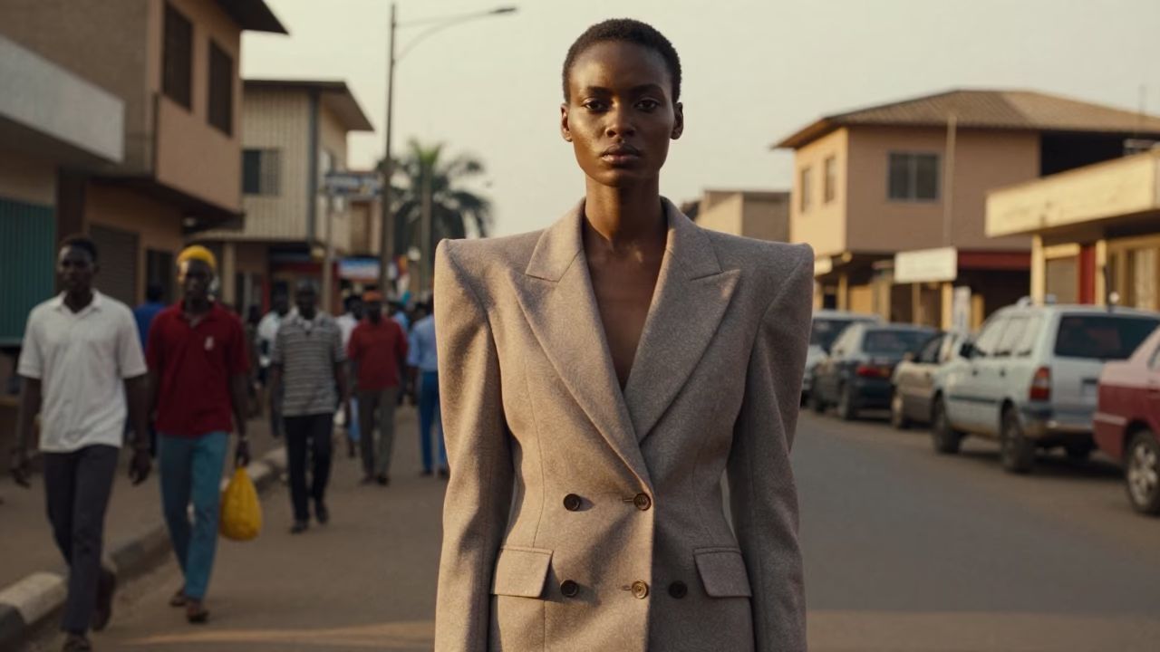 High Fashion Model in 1980s Accra Golden Hour with Mandazi and Aprons in in Accra, Ghana