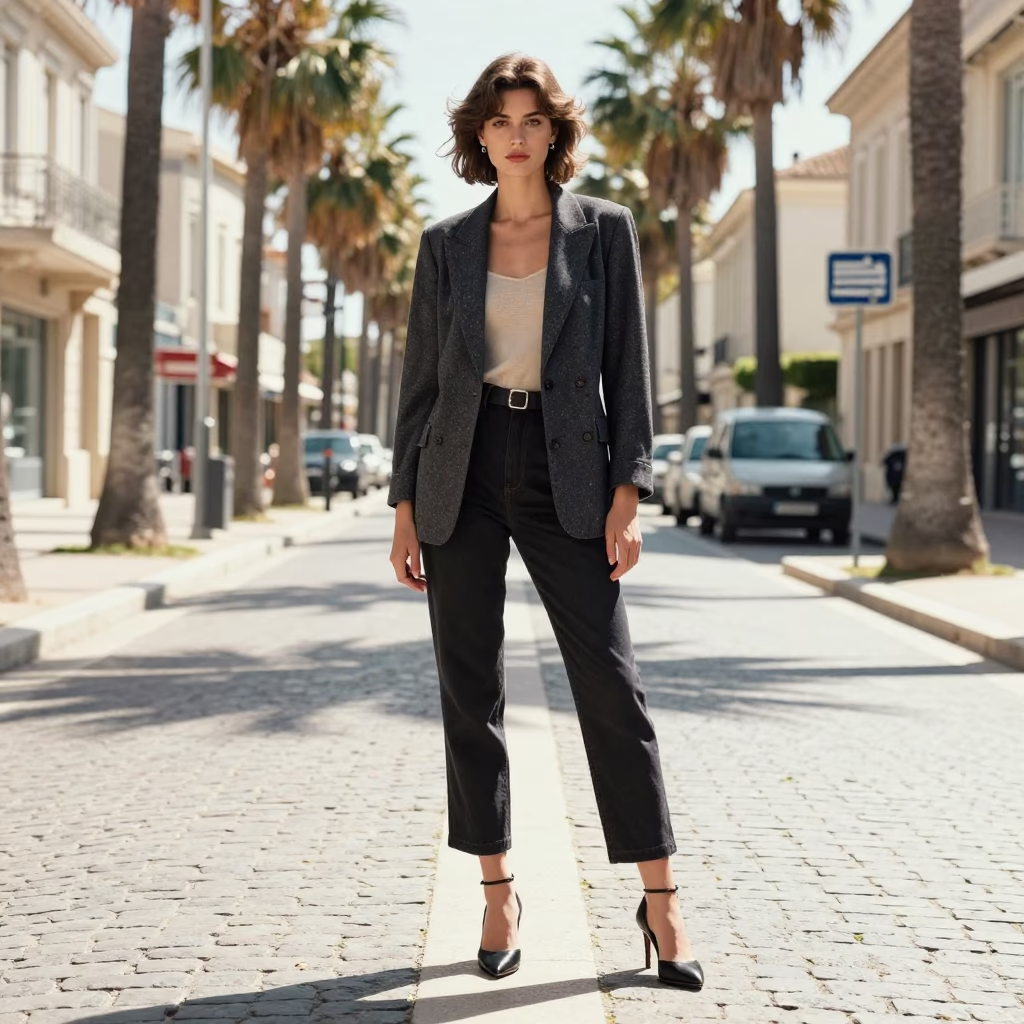 High Fashion Model in 1980s Marseille Palm Avenue Under Flat Noon Glare in in Marseille, France