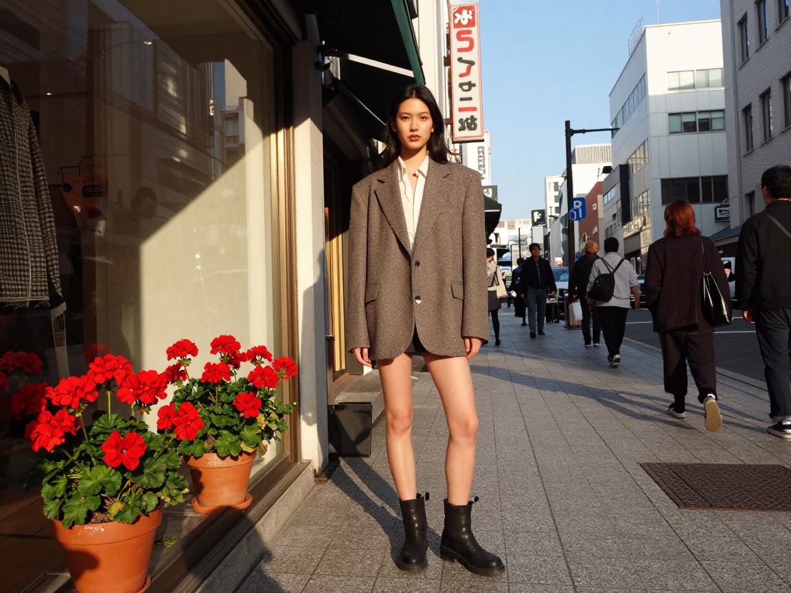 High Fashion Model in 1980s Osaka Street Style with Geraniums and Late Afternoon Sunlight in in Osaka, Japan