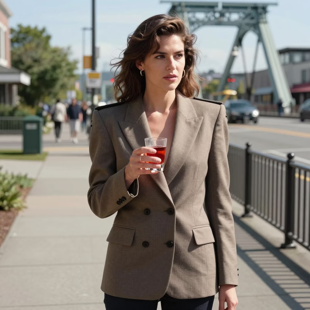 High Fashion Model in 1980s Seattle Drawbridge Street Scene with Glass Tumbler in in Seattle, Washington, United States