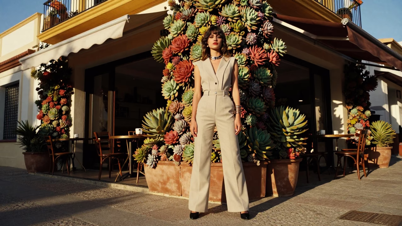 High Fashion Model in 1980s Valencia Street Style with Succulents and Blue Sky in in Valencia, Spain