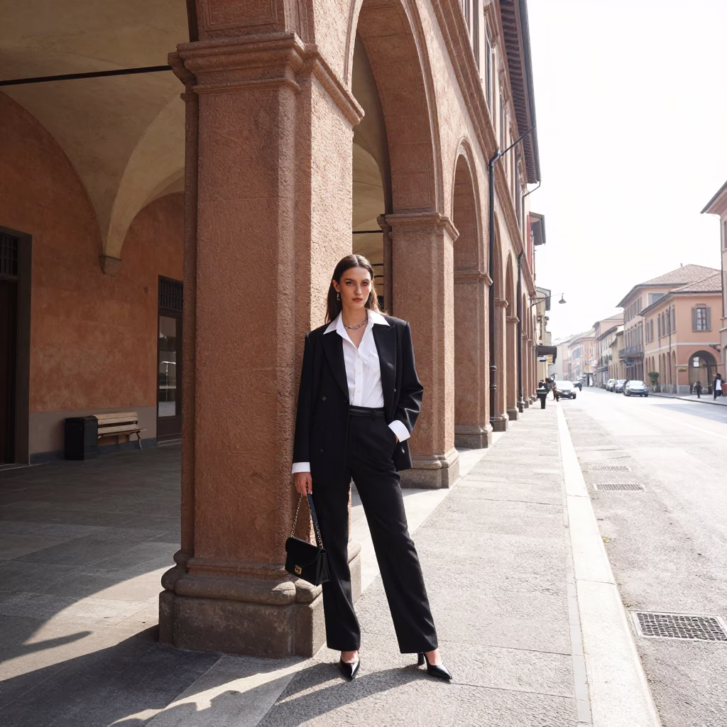 High Fashion Model in 1990s Bologna Amidst Aqueduct Arcade and Summer Haze in in Bologna, Italy