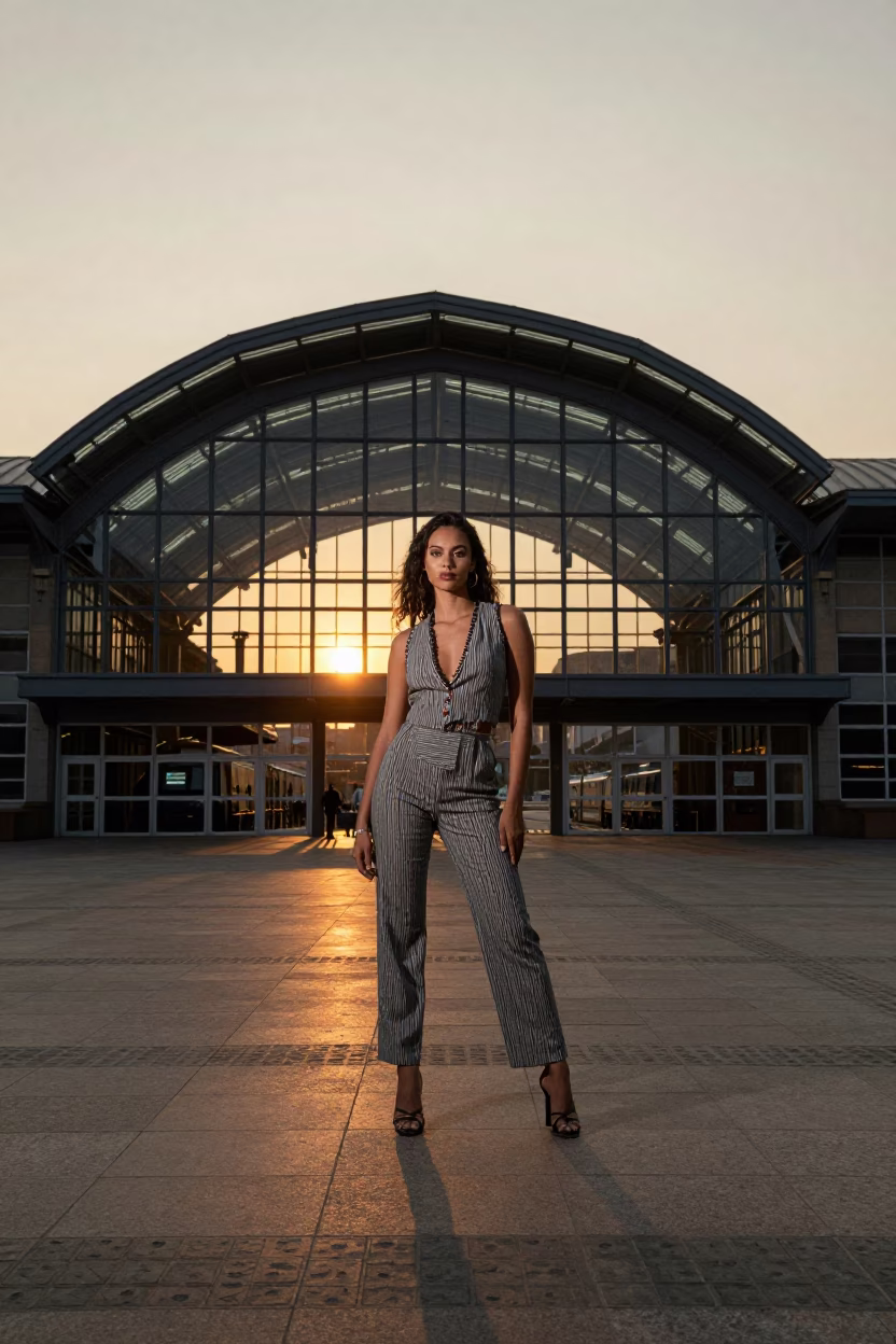 High Fashion Model in 1990s Johannesburg Sunset Near Glass Steel Train Station in in Johannesburg, South Africa