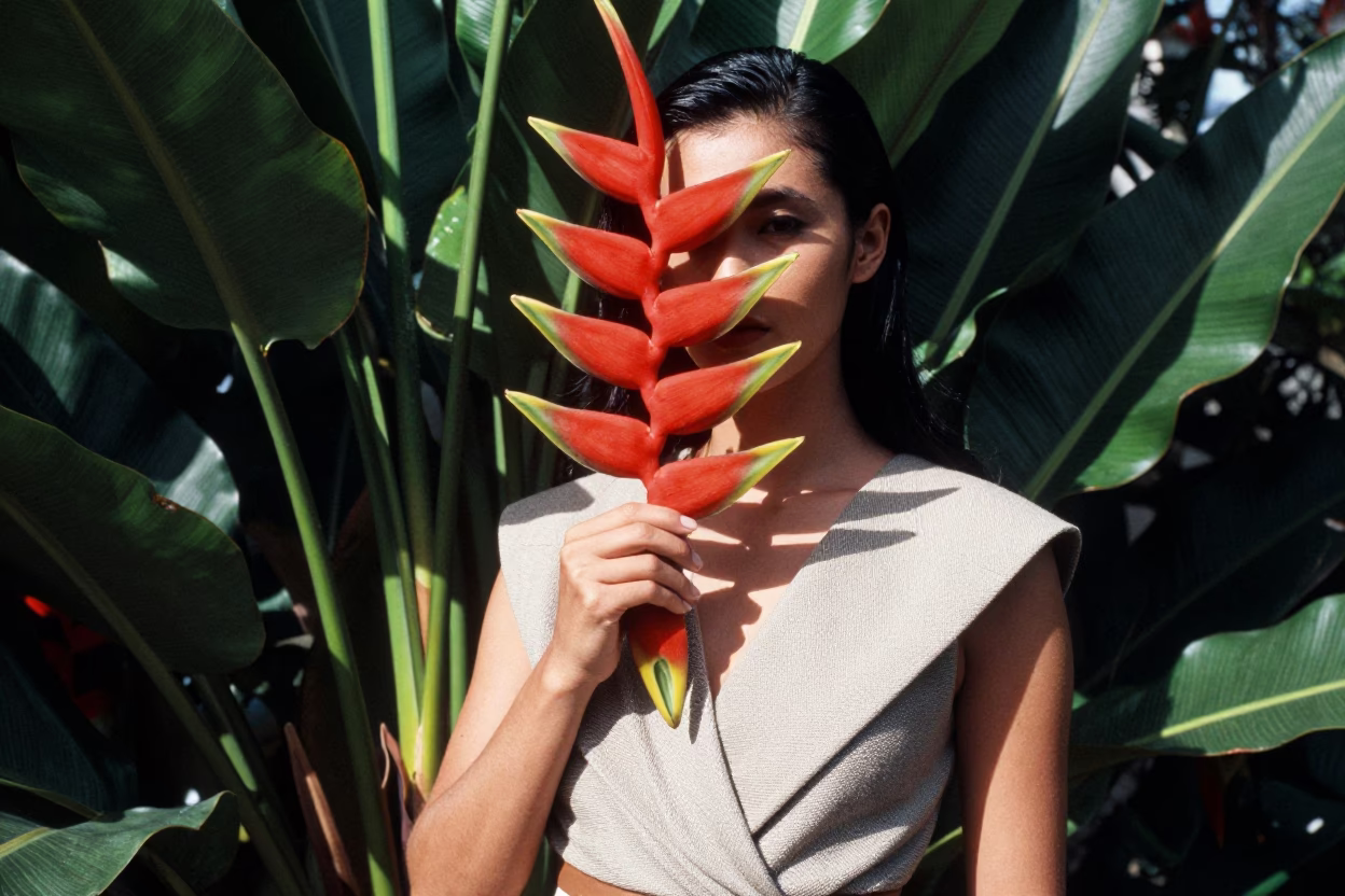 High Fashion Model in 1990s Singapore Wearing Heliconia with Date Palm Background in in Singapore, Singapore