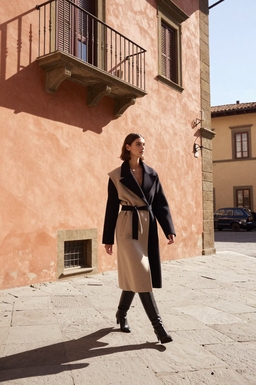 High Fashion Model in Bright Midmorning Light Strolling Past Historic Florence Architecture in in Florence, Italy