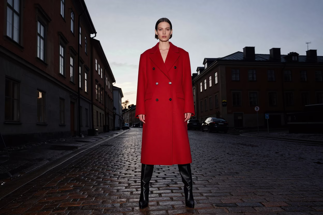 High Fashion Model in Crimson Coat Against Stockholm Predawn Grayness with Lichen Details in in Stockholm, Sweden