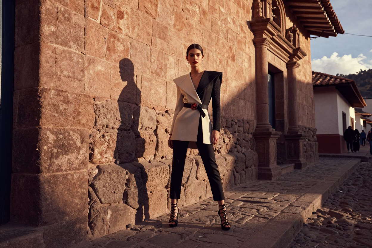 High Fashion Model in Cusco Peru Street Style with Pomegranate at Sunset in in Cusco, Peru