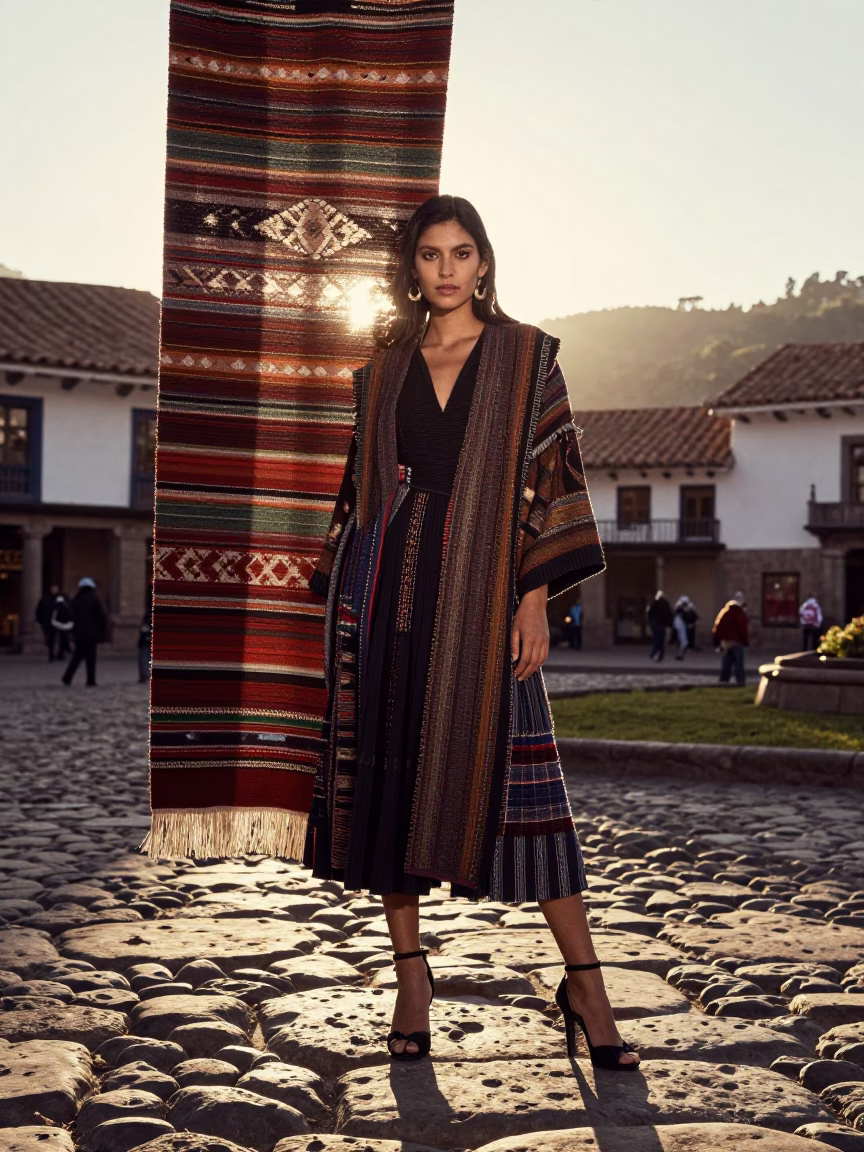 High Fashion Model in Cusco Peru Wearing Tapestry Textures at Sunrise in in Cusco, Peru