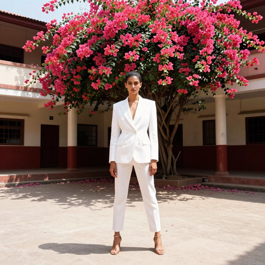 High Fashion Model in Delhi Courtyard with Bougainvillea and School Staircase Details in in Delhi, India