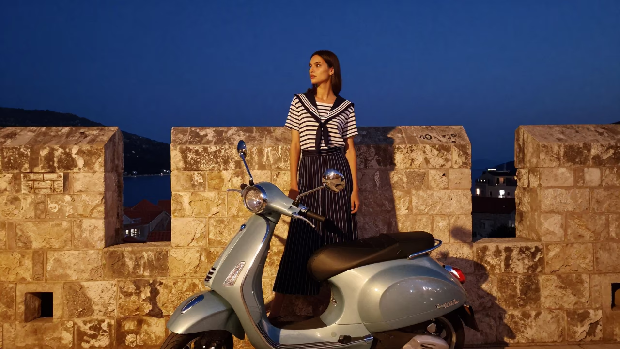 High Fashion Model in Dubrovnik Nautical Dawn with Vintage Vespa Reflection in in Dubrovnik, Croatia