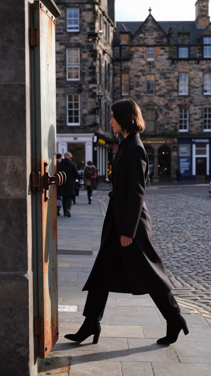High Fashion Model in Edinburgh Walking Past Rusty Cabinet Latch on Stone Street in in Edinburgh, United Kingdom