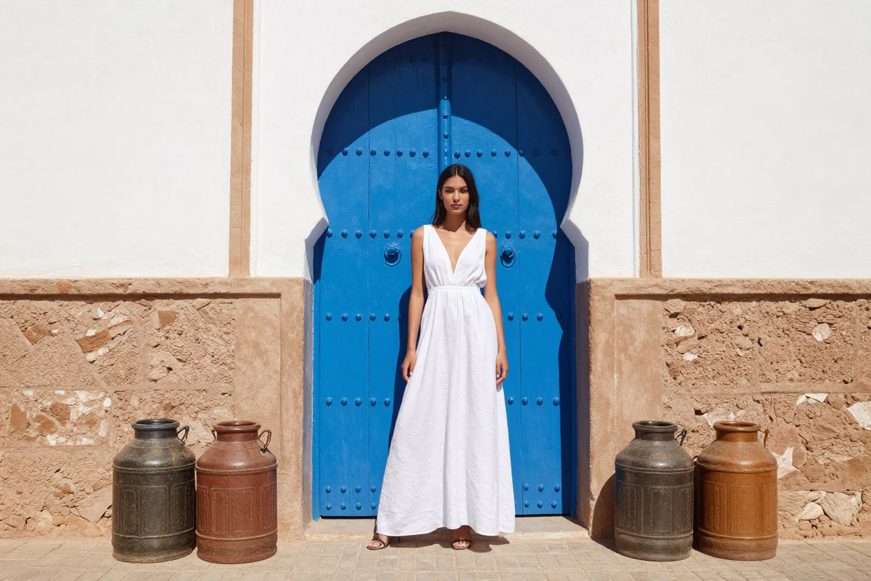 High Fashion Model in Essaouira Blue Gate with Canisters and Terrier in in Essaouira, Morocco
