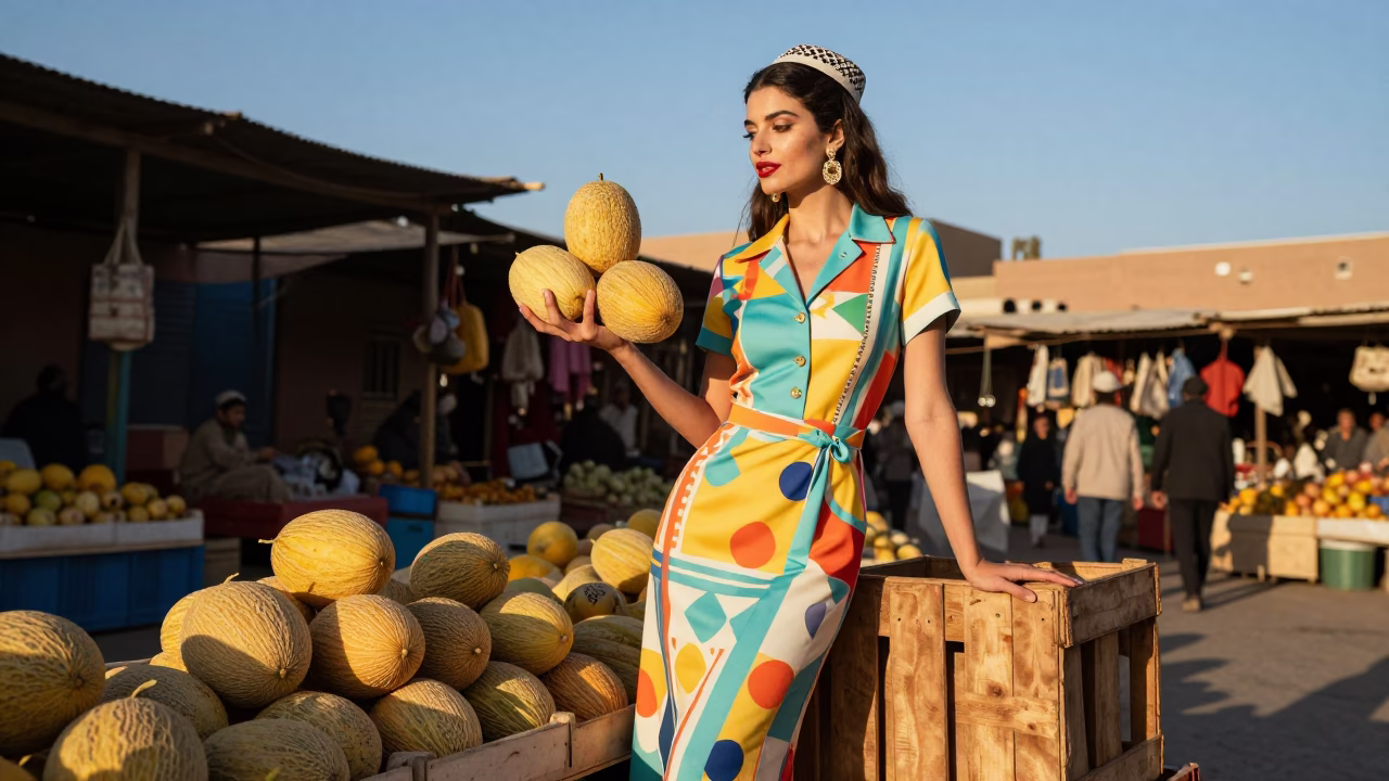 High Fashion Model in Fez Morocco Late Afternoon Light with Melons and Enamel Bowls in in Fez, Morocco