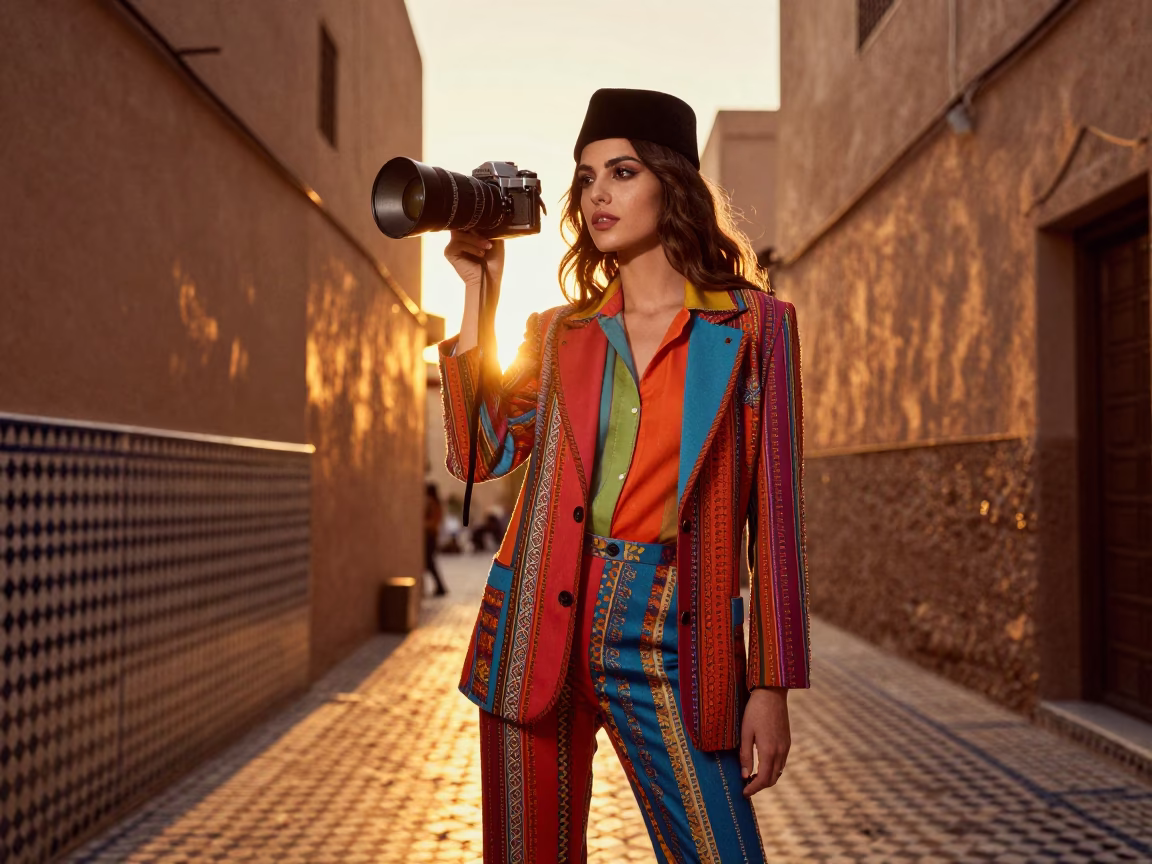High Fashion Model in Fez Morocco Sunset Wearing Smudged Lamp Base Prop in in Fez, Morocco