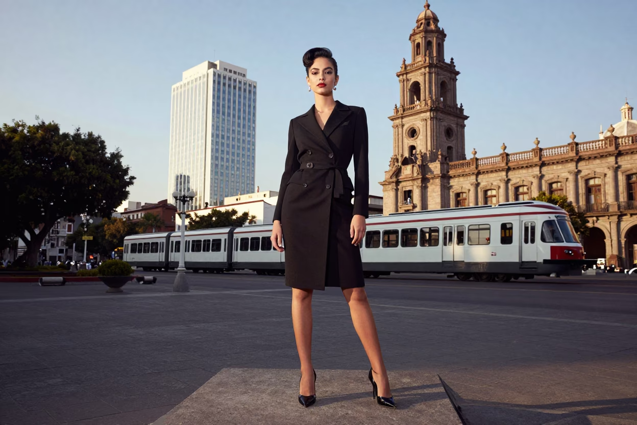 High Fashion Model in Guadalajara Plaza with Vintage Monorail and Palm Trees in in Guadalajara, Mexico