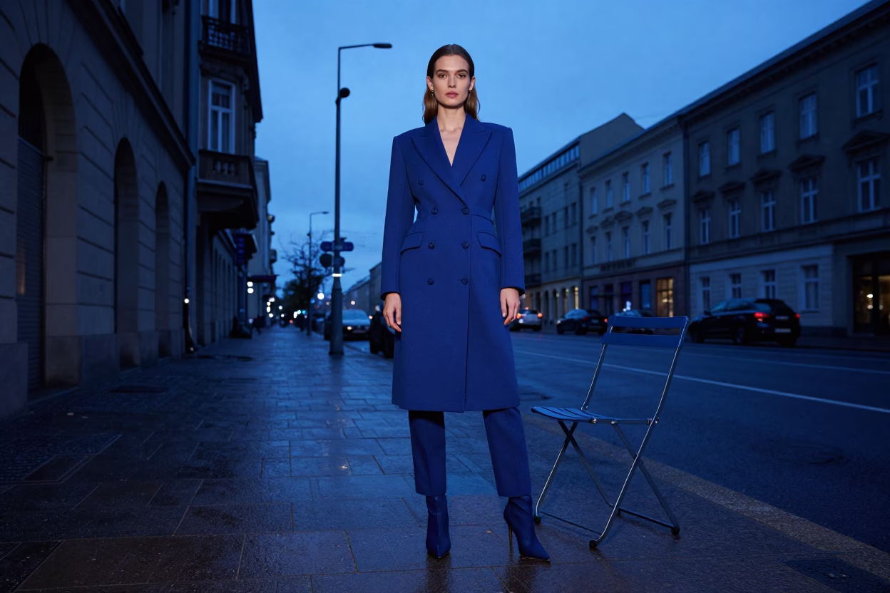 High Fashion Model in Indigo Twilight Berlin Street Scene with Folding Chair in in Berlin, Germany