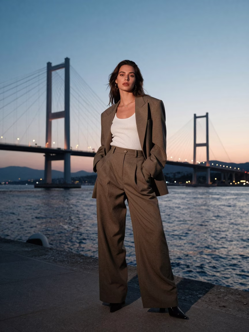 High Fashion Model in Izmir Twilight Near Kordon Promenade with Vintage 1980s Aesthetic in in Izmir, Turkey