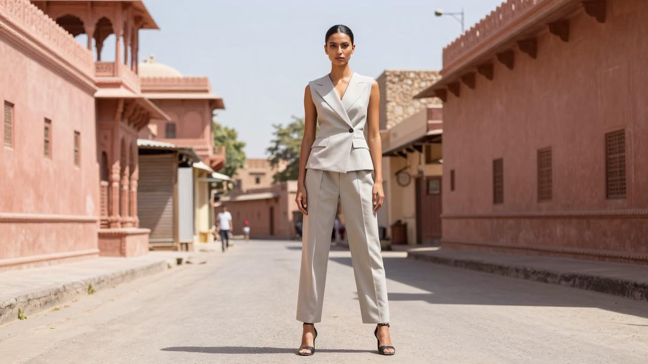 High Fashion Model in Jaipur Amidst Midday Sunlight and Local Street Life in in Jaipur, India