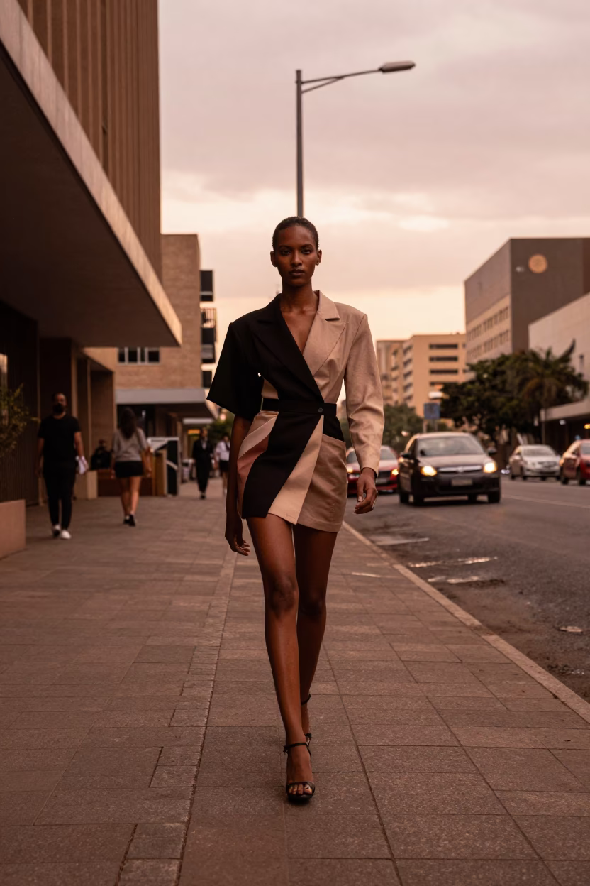 High Fashion Model in Johannesburg Street Scene Before Dusk in in Johannesburg, South Africa