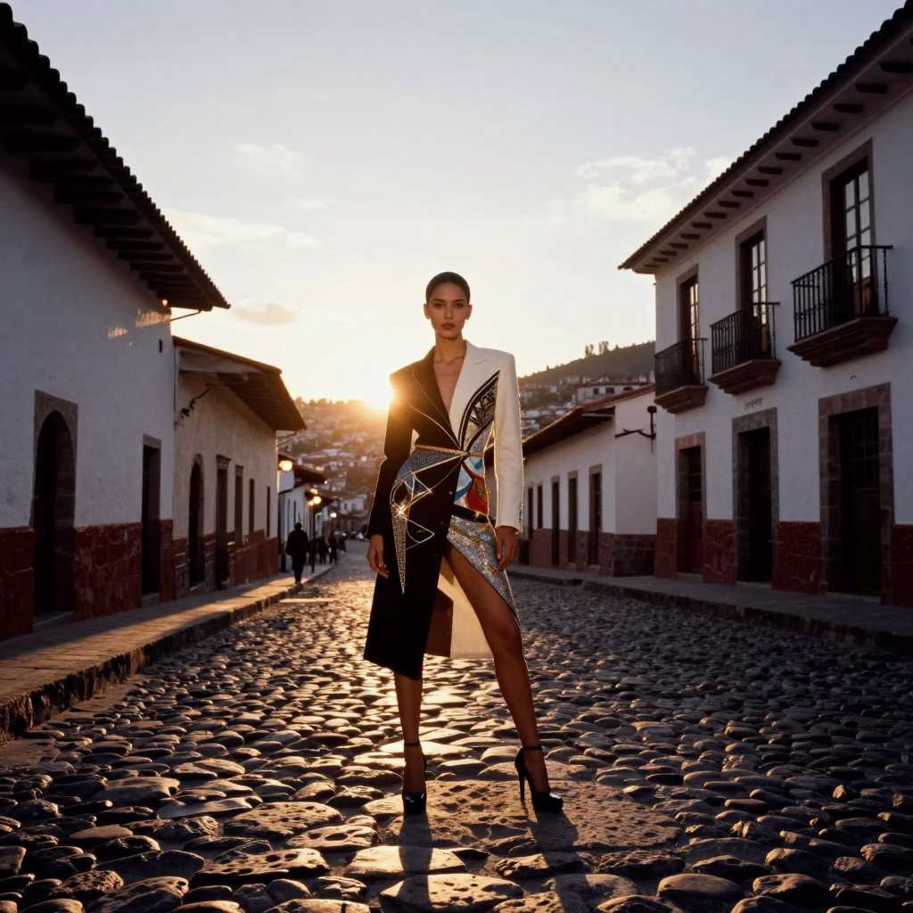 High Fashion Model in La Paz Bolivia Sunset Street Scene with Glass Window Reflection in in La Paz, Bolivia