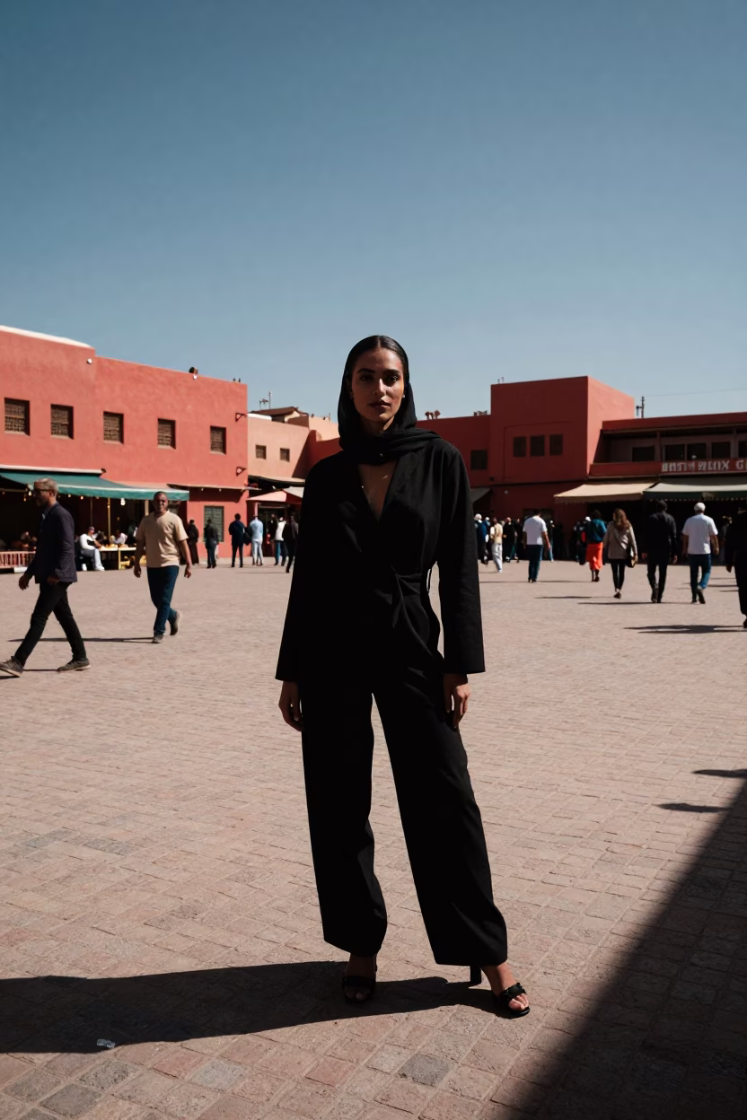 High Fashion Model in Marrakech Souk Noon Light with Traditional Textile Details in in Marrakech, Morocco