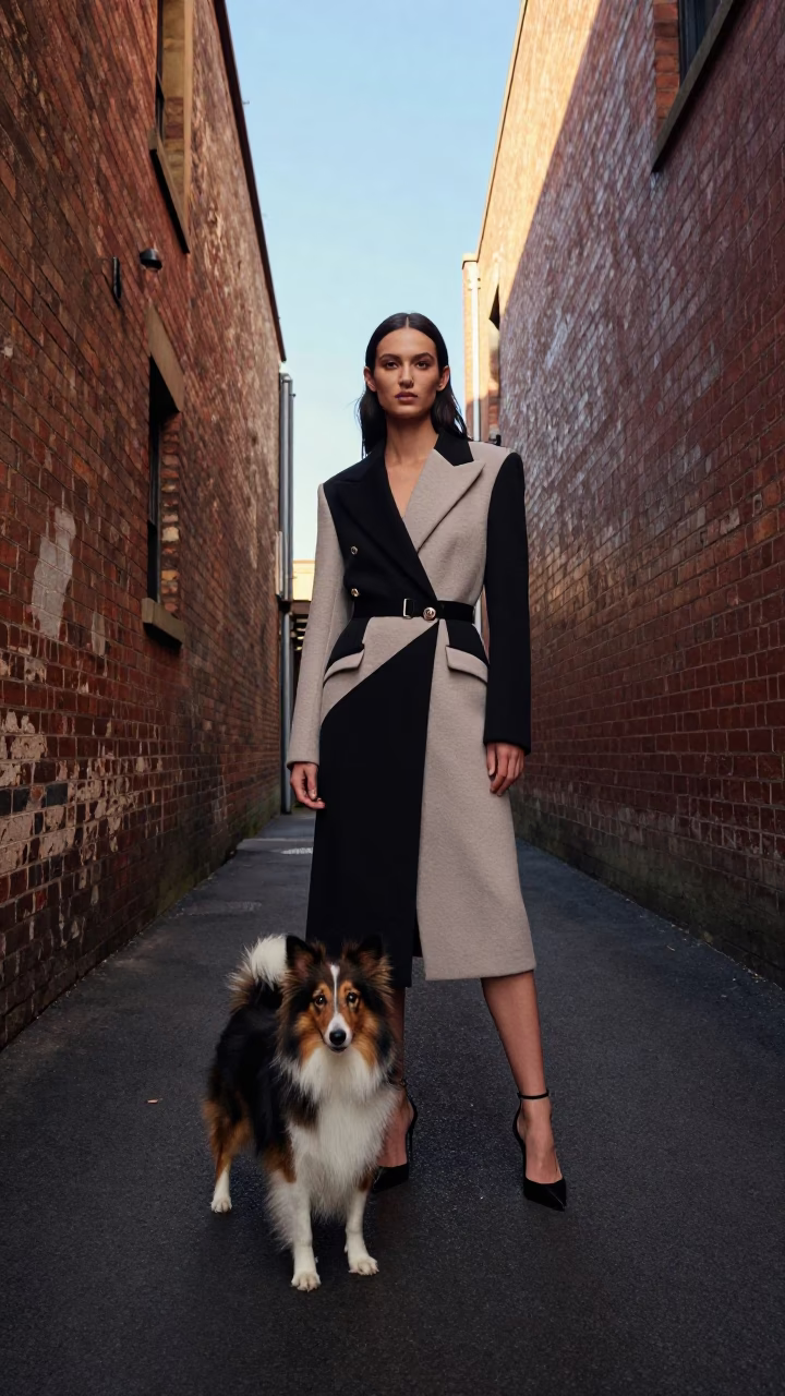 High Fashion Model in Melbourne Laneway with Dandie Dinmont Terrier in Late Afternoon Light in in Melbourne, Victoria, Australia