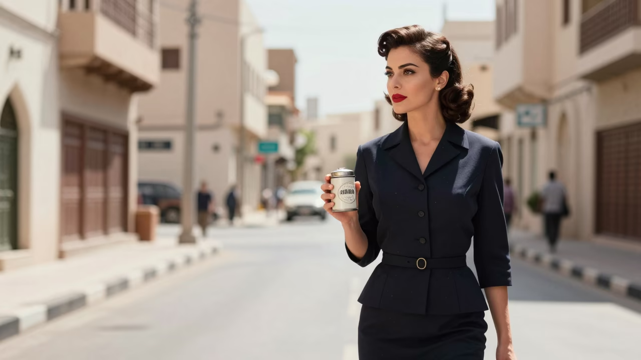 High Fashion Model in Muscat Oman 1950s Style Midmorning Street Scene in in Muscat, Oman