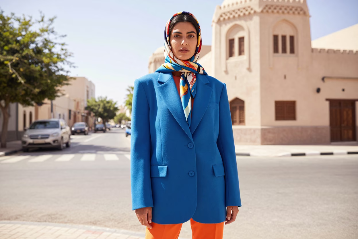 High Fashion Model in Muscat Oman Bright Midmorning Light Wearing Colorful 1980s Attire in in Muscat, Oman