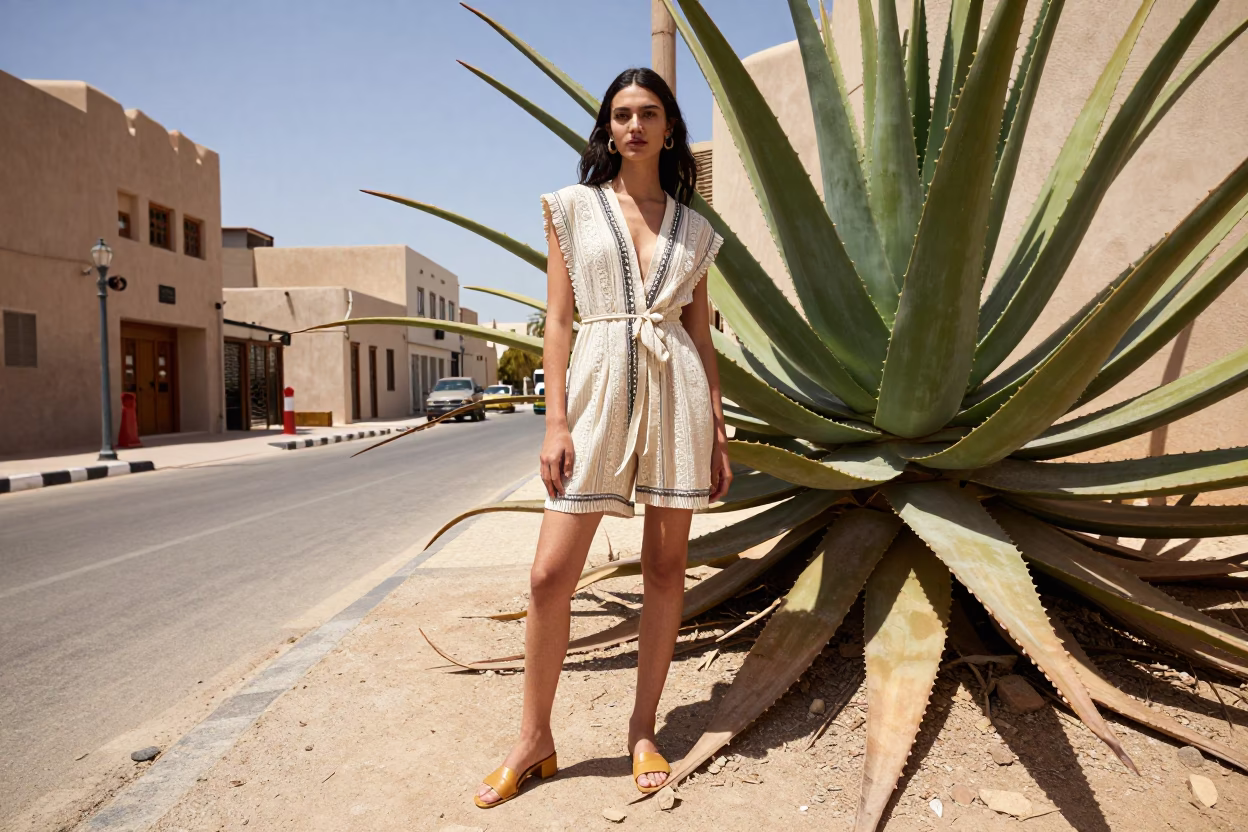 High Fashion Model in Muscat Oman Midday Sunlight Beside Aloe Vera Plant in in Muscat, Oman