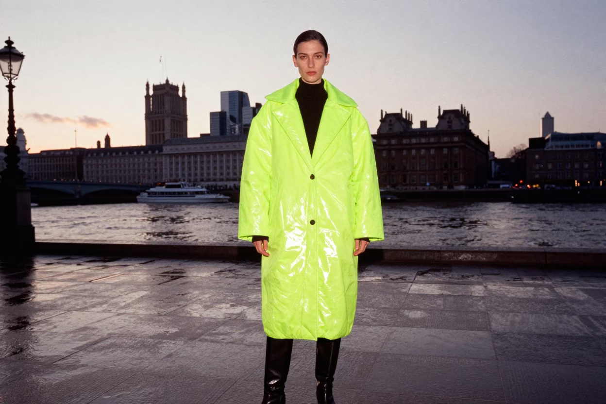 High Fashion Model in Neon Coat at London Nautical Dawn Street Scene in in London, United Kingdom