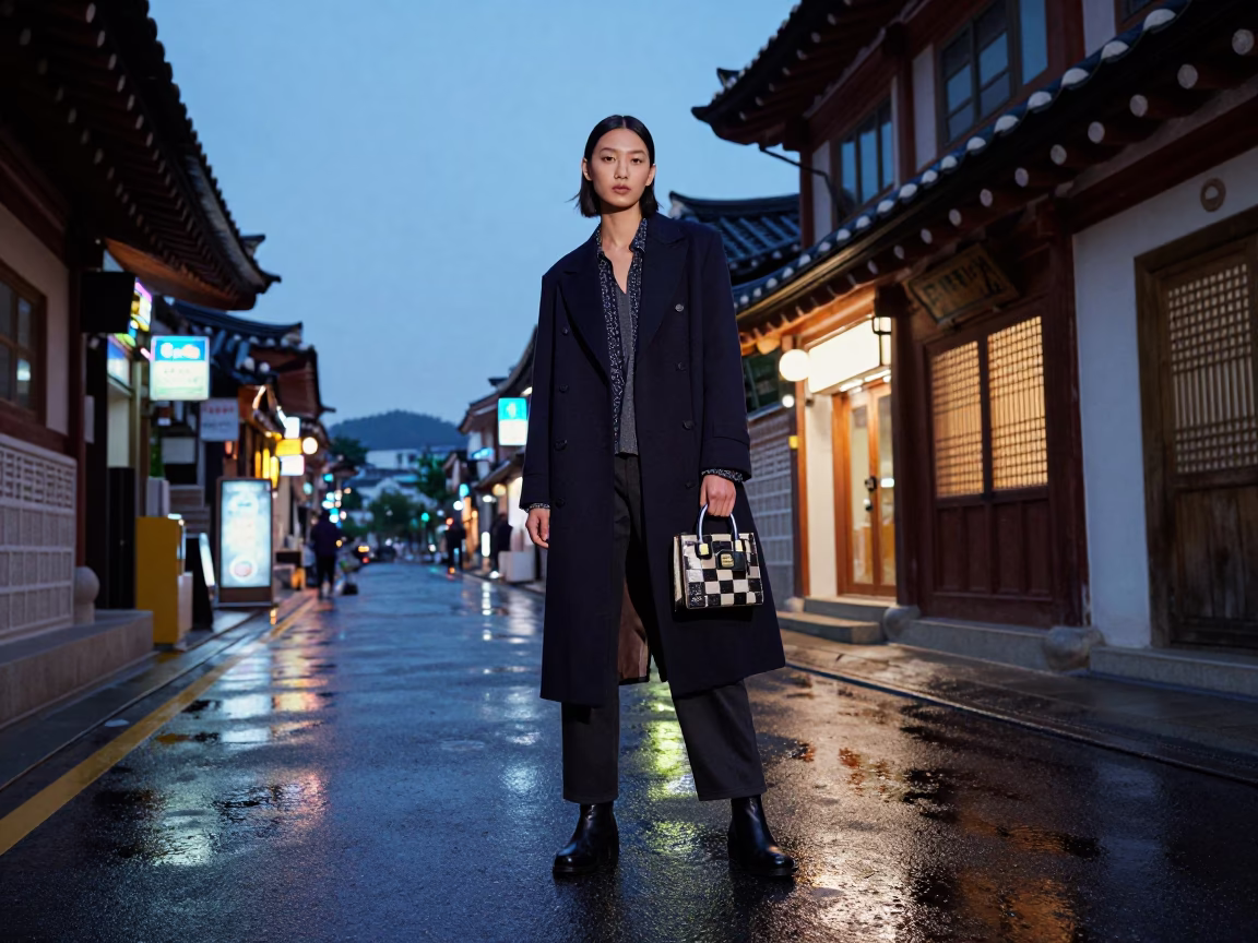 High Fashion Model in Seoul Blue Hour Street Style with Padlock Detail in in Seoul, South Korea