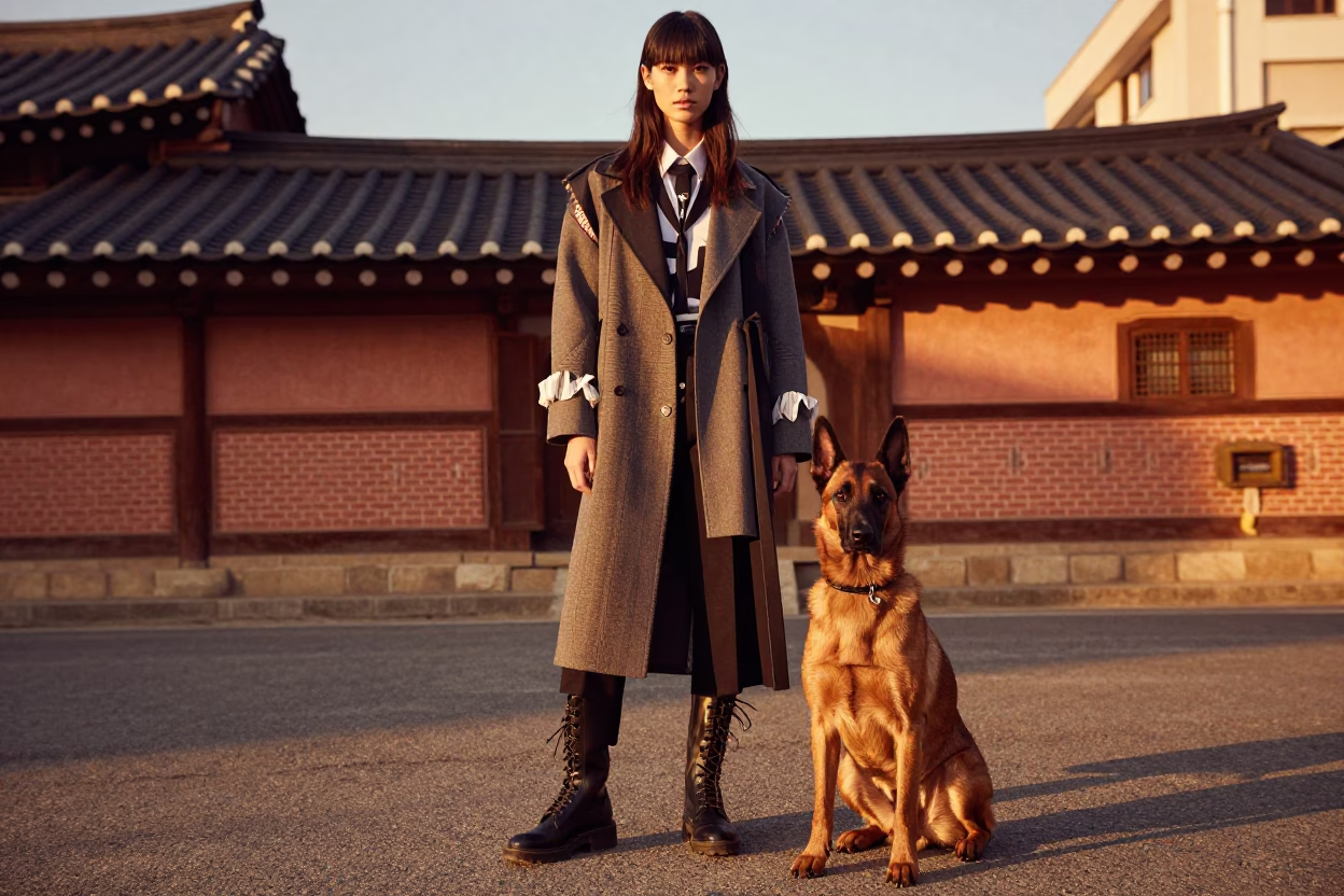 High Fashion Model in Seoul Street Style with Belgian Laekenois Dog at Golden Hour in in Seoul, South Korea