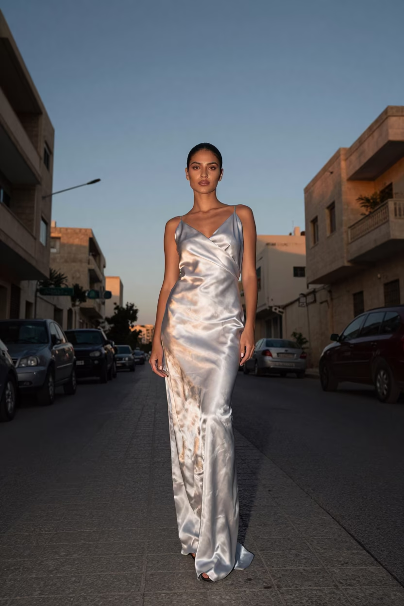 High Fashion Model in Silk Against Alexandria Dawn Street Corner with Fountain Pen Detail in in Alexandria, Egypt