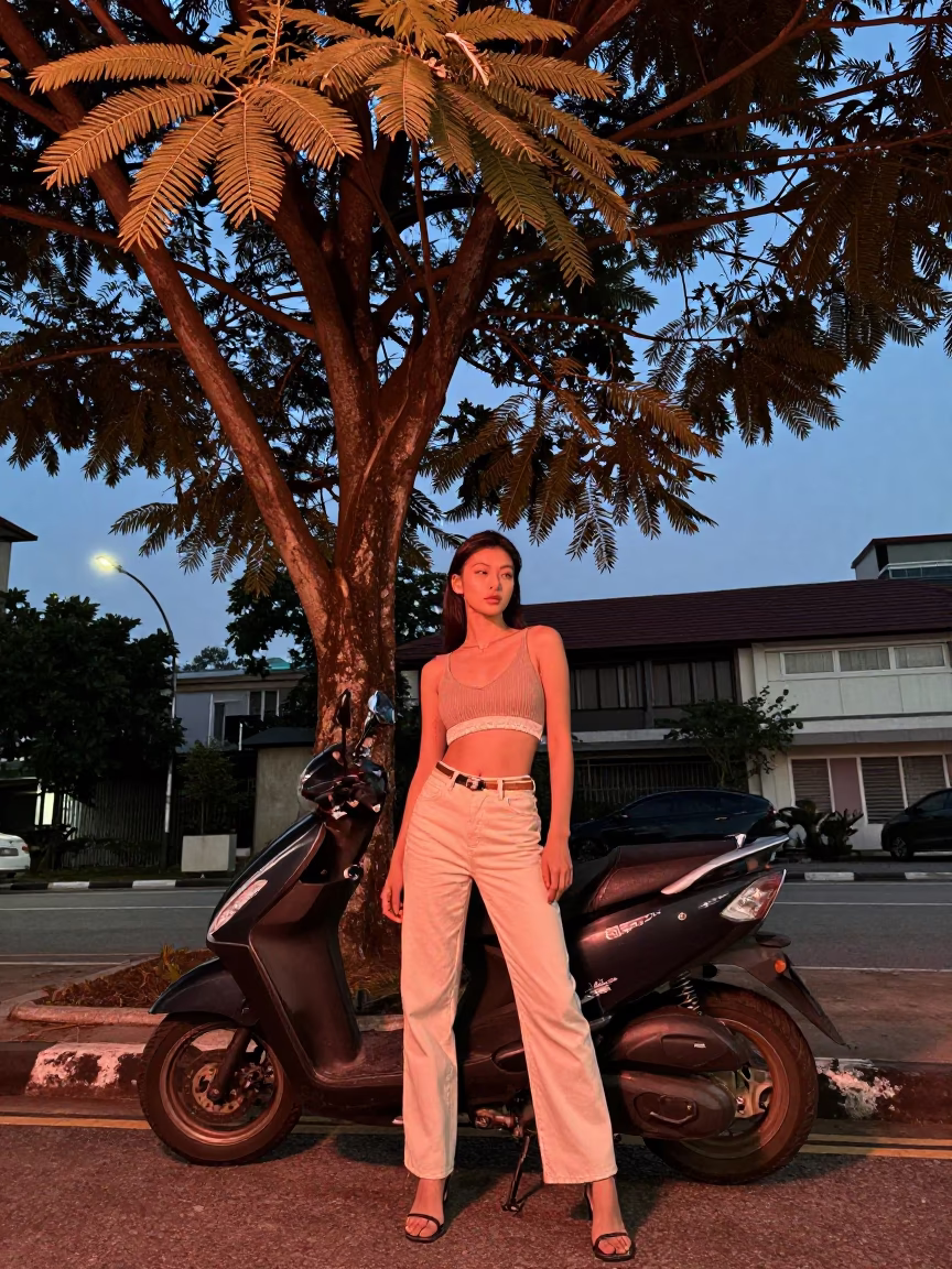 High Fashion Model in Tamarind Shade with Scooter in Copper-Toned Kuala Lumpur Dusk in in Kuala Lumpur, Malaysia